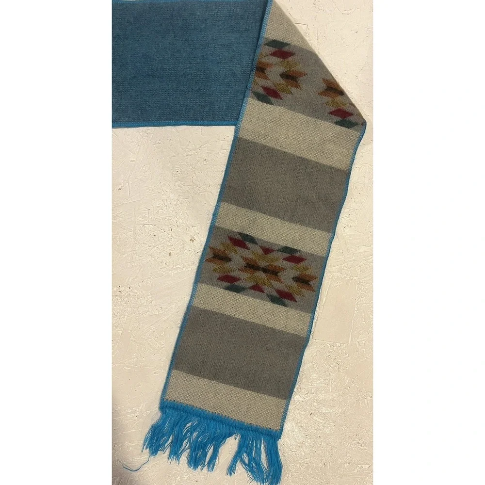 Vintage‎ Wool Aztec Scarf Blue Brown Warm Winter Comfort Native Print Fringe